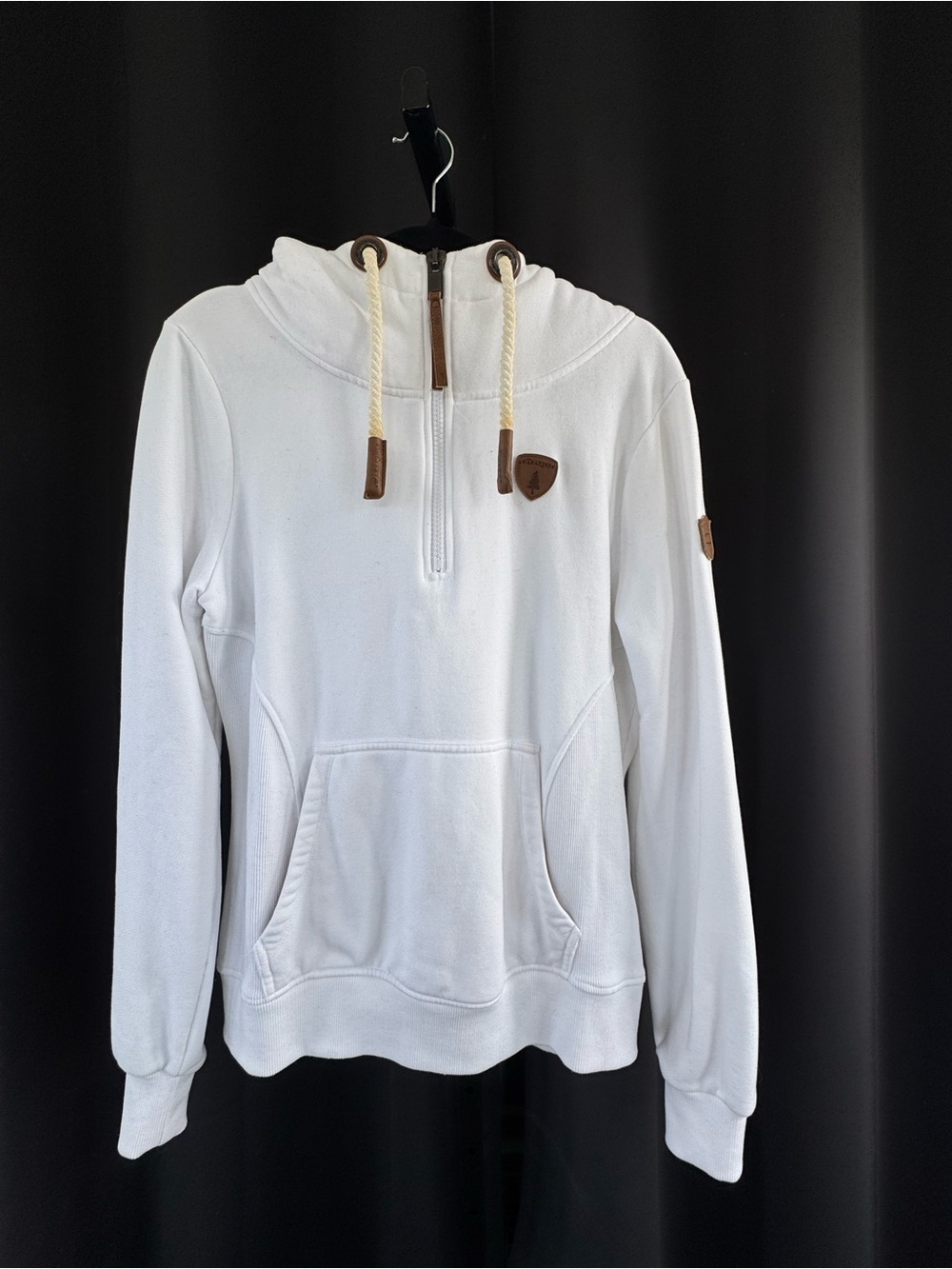 Wanakome White Half-Zip Hoodie with Contrast Leather Accents